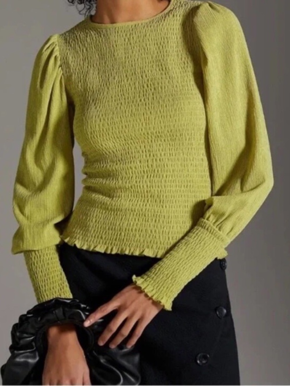 Anthropologie Smocked Puff Sleeve Blouse Lime Green Chartreuse Sz M